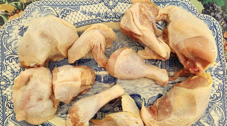 Craig and Sharon Harkrider’s Stoney Hedgerow Farm whole cut-up chicken is available locally. CONTRIBUTED