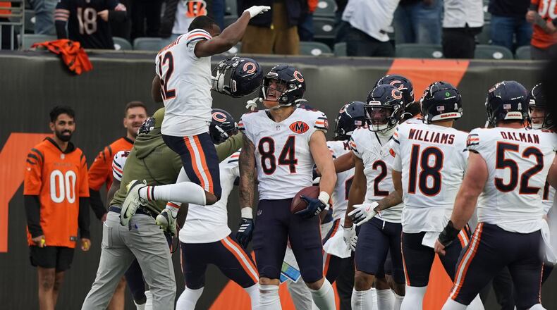 Chicago Bears tight end Colston Loveland (84) celebrates his touchdown during the first half of an NFL football game against the Cincinnati Bengals, Sunday, Nov. 2, 2025, in Cincinnati. (AP Photo/Joshua A. Bickel)