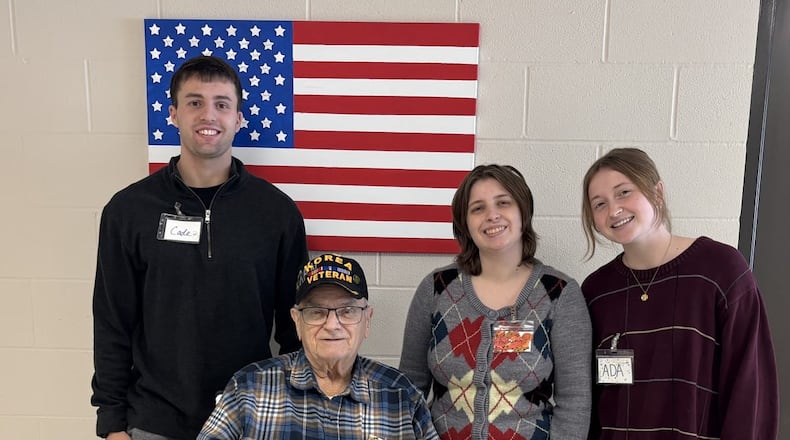 Volunteer Cade Henney, left, retired 1st Sgt. Robert Sauer, and interns Autumn Johnson and Ada Bright pose for a photo at the Oxford Seniors Community Adult Day Center on Feb. 5, 2026. KATELYN ALUISE/CONTRIBUTED