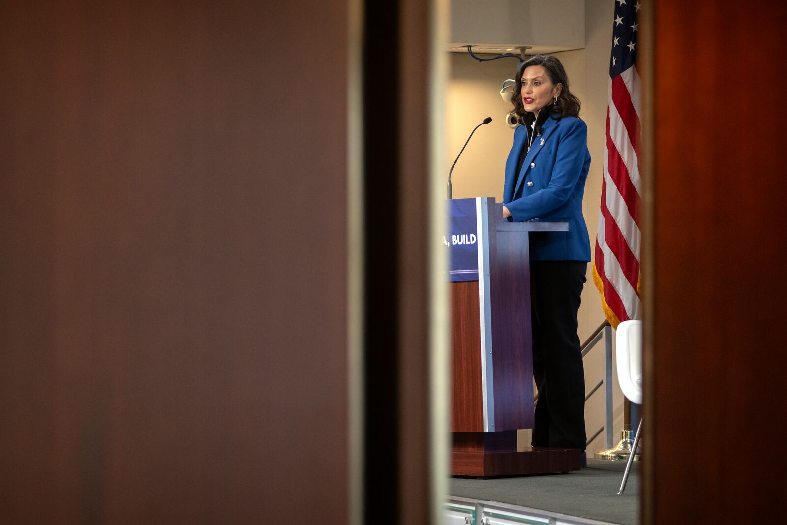Michigan Gov. Gretchen Whitmer gives a policy speech at an event on Wednesday, April 9, 2025, in Washington. (AP Photo/Mark Schiefelbein)