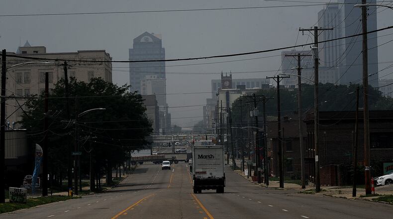 Dangerous air quality due to Canadian wildfire smoke hangs over the Dayton area Wednesday June 28, 2023. MARSHALL GORBY\STAFF