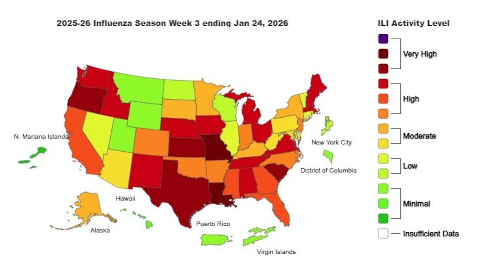 This is the weekly Outpatient Respiratory Illness Activity map from the CDC, for the week ending Jan 24, 2026.