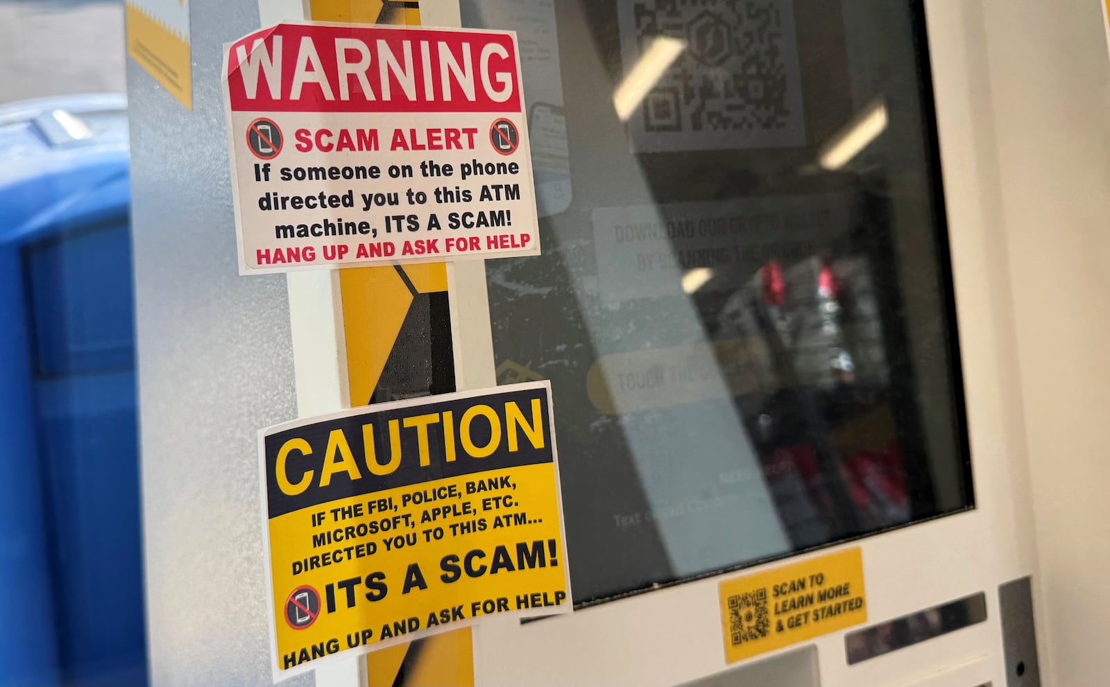 Bitcoin and cryptocurrency scams use ATMs like this yellow one in a Circle K convenience store in on Ohio 4 in Fairfield, which warns potential users of scams. Bad actors are utilizing these types of machines in scams that defrauds people out of hundreds and even thousands of dollars. MICHAEL D. PITMAN/STAFF