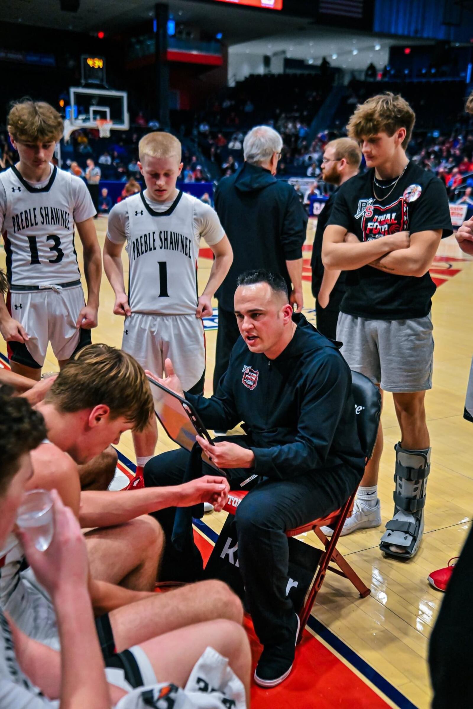 Jake Turner talks to his Preble Shawnee team during a game last season. Turner is the new boys basketball coach at Hamilton High School, his alma mater. Dale Barger/CONTRIBUTED