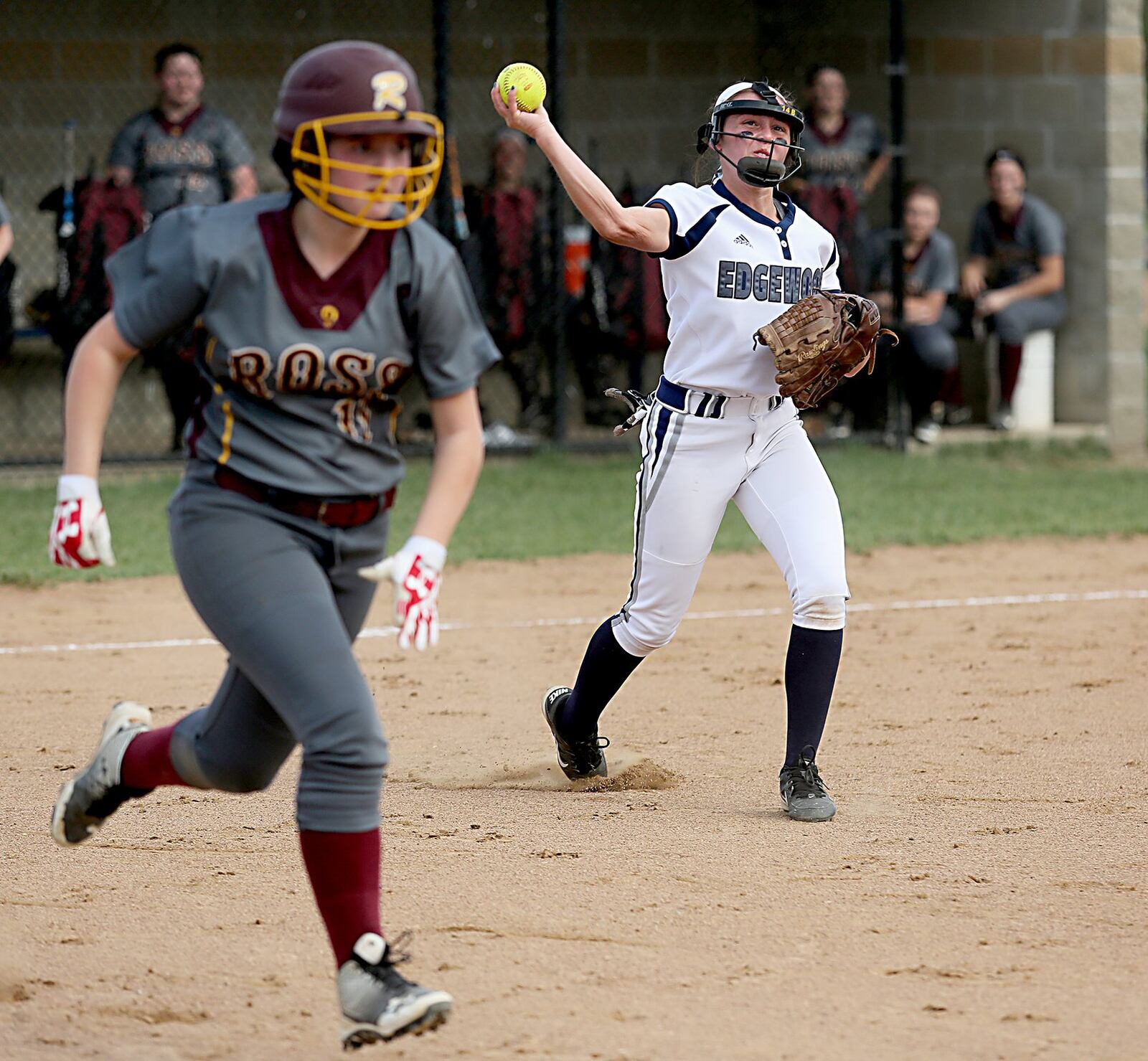 Edgewood third baseman Rebekah Schiavone fields a bunt and throws to first for the out on Hannah Vangen of Ross during Friday’s game in Trenton. CONTRIBUTED PHOTO BY E.L. HUBBARD