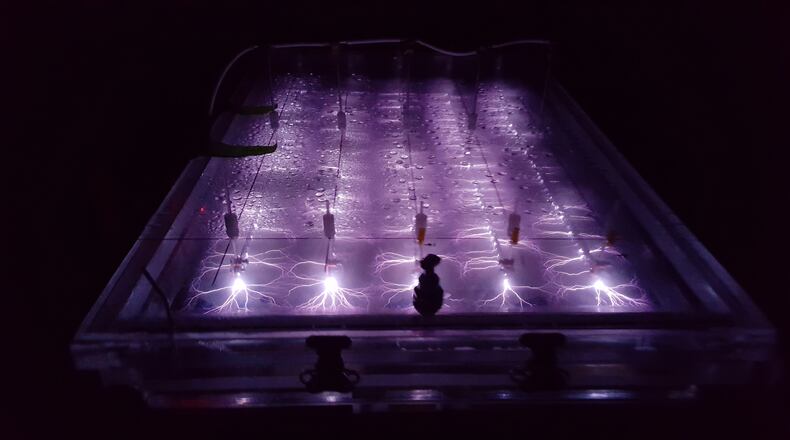 The Enhanced Contact Plasma Reactor — seen in this contributed photo — is designed to reduce the PFOS and PFOA molecule chain down into smaller compounds and elements. This plasma reactor was tested at Wright-Patterson Air Force Base as part of an Air Force Civil Engineer Center contract to demonstrate effectiveness of a plasma reactor to treat water containing PFOS and PFOA. CONTRIBUTED