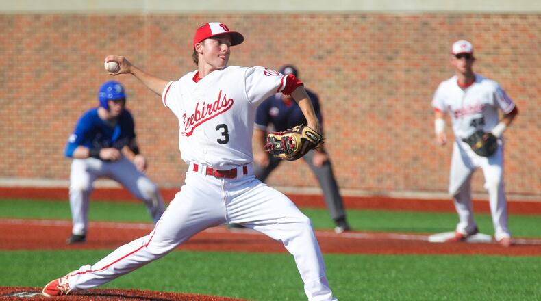 Lakota West pitcher Max Kiker (3) deals to the plate during a Division I regional final against St. Xavier at the University of Cincinnati’s Marge Schott Stadium on May 26, 2017. GREG LYNCH/STAFF