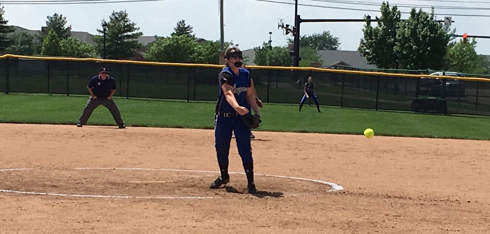Cincinnati Christian’s Briahna Bush sends a pitch toward the plate during Sunday afternoon’s Division IV district final against Bradford at Mason. RICK CASSANO/STAFF