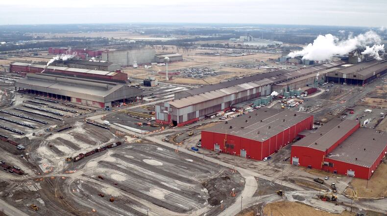 Aerial view of the AK Steel Middletown Works. The big steel producer covers more than 2,700 acres in the city to operate coke ovens, a blast furnace, hot strip mill and more than a dozen other steel production related processes. TY GREENLEES / STAFF