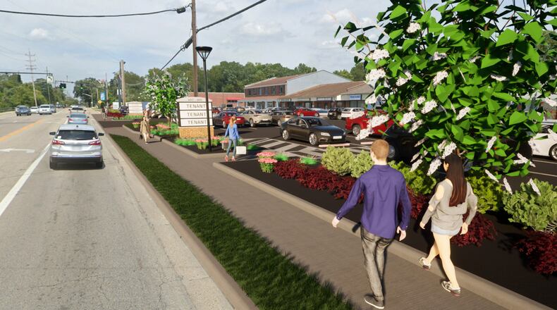 Pictured is an artist rendering of what Riegert Square, the shopping plaza on Pleasant Avenue north of Nilles Road in Fairfield, after city-initiated improvements to the parking lot and sidewalk. Fairfield City Council approved ground lease agreements with property owners in order to do the work which is funded through a portion of the city's ARPA funds. PROVIDED/CITY OF FAIRFIELD