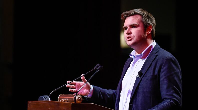 J.D. Vance, author of the best-selling book “Hillbilly Elegy: A Memoir of a Family and Culture in Crisis” and a Middletown native, speaks to the crowd during the 2017 Alex & Lena Casper Memorial Lecture on March 9 at Dave Finkelman Auditorium at Miami University Middletown. NICK GRAHAM/STAFF