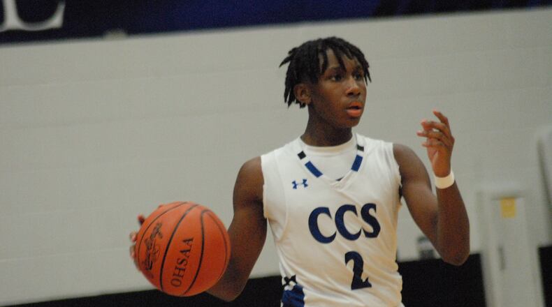 Cincinnati Christian's Steven Burton dribbles the ball up court against New Miami on Tuesday night. Chris Vogt/CONTRIBUTED