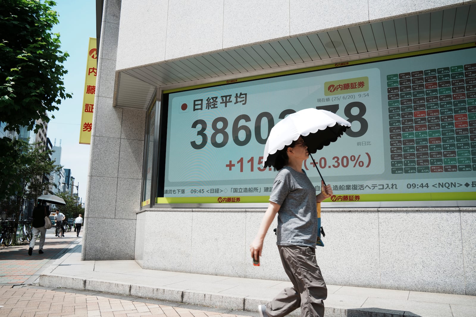 A person walks in front of an electronic stock board showing Japan's Nikkei index at a securities firm Friday, June 20, 2025, in Tokyo. (AP Photo/Eugene Hoshiko)