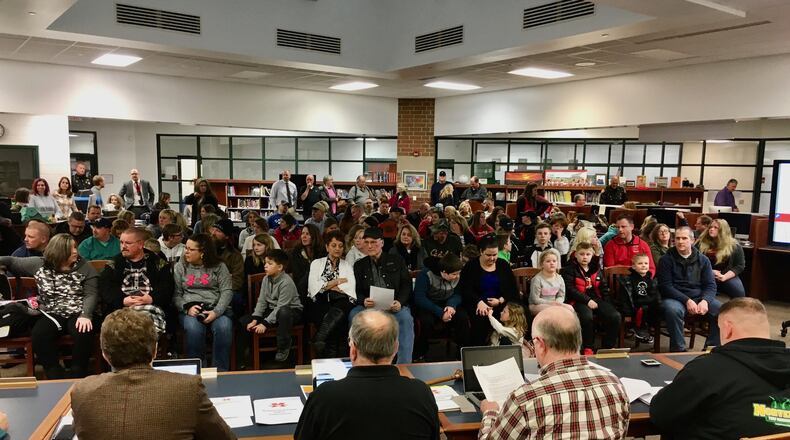 David French, president of the Madison Board of Education, told the audience during a public meeting Thursday evening he was “saddened and troubled” by social media postings regarding Superintendent Lisa Tuttle-Huff’s recently going on medical leave. (Photo By Michael D. Clark/Journal-News)