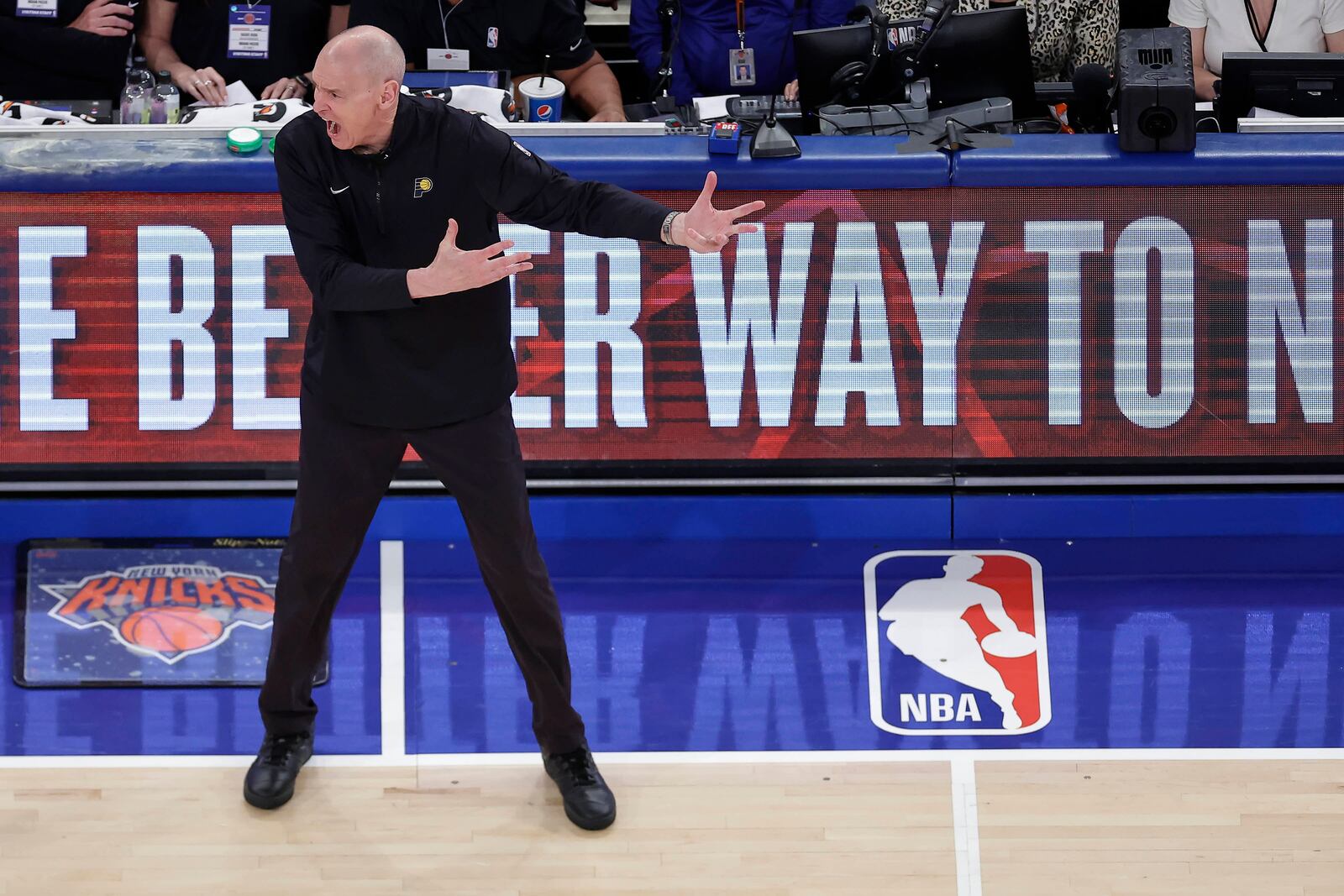 Indiana Pacers head coach Rick Carlisle reacts during the third quarter of Game 5 of the NBA basketball Eastern Conference final against the New York Knicks, Thursday, May 29, 2025, in New York. (AP Photo/Adam Hunger)