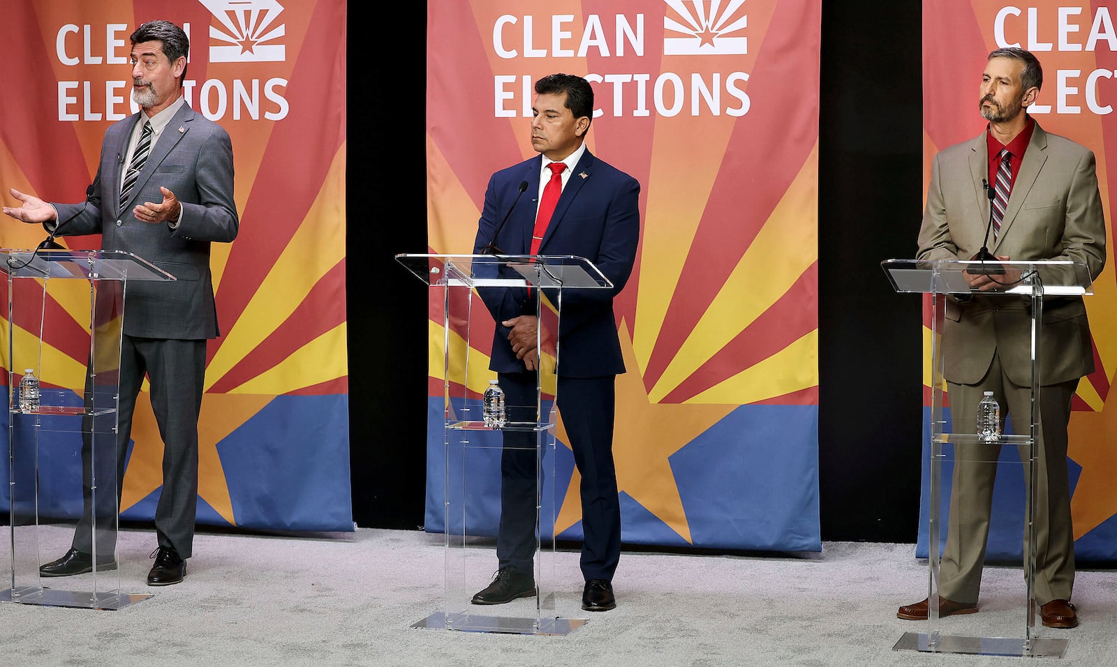 From left to right; Daniel Butierez, Jorge Rivas and Jimmy Rodriguez during the Republican primary debate inside the Arizona Public Media studio in Tucson, Ariz., June 9, 2025. (Mamta Popat/Arizona Daily Star via AP)