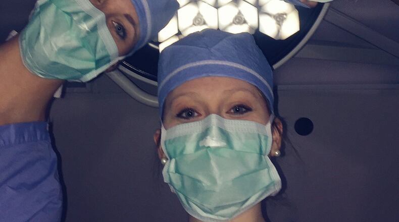 From bottom, clockwise : Eileen Donovan, Alisa Blumenthaler, Meg Harper, Caroline Couch and Amanda Harrell. UC Health/UC surgeons. Clockwise: Jaime Lewis, MD, assistant professor, UC College of Medicine, breast surgeon; Engy Habashy, MD, urology; Sandra Starnes, MD, associate professor, College of Medicine, thoracic surgeon; Stephanie Streit, MD, trauma surgeon; J. Leslie Khod, MD, general surgeon; Kashi Pulliam, MD, general surgeon (resident); Tiffany Lee, MD, general surgeon (resident); Heather Palomino, MD, thoracic surgeon; Monica Wagner, MD, general surgery (resident); Emily Midura, MD, general surgery (resident); Hannah Lewis, MD, general surgery (resident); Elizabeth Shaughnessy, MD, professor, College of Medicine, breast surgeon.
