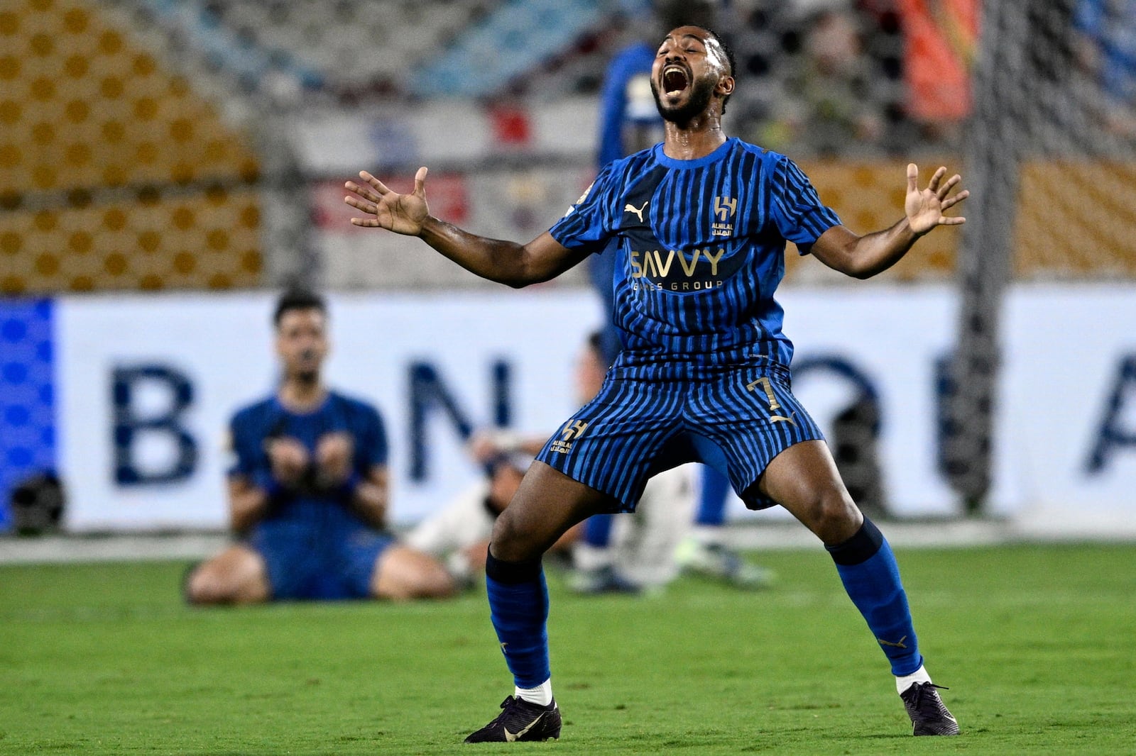 Manchester City's Omar Marmoush celebrates after the Club World Cup round of 16 soccer match between Manchester City and Al Hilal in Orlando, Fla., Monday, June 30, 2025. (AP Photo/Phelan Ebenhack)