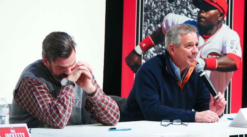 The North Tour of the Cincinnati Reds Caravan made a stop at Parrish Auditorium at Miami-Hamilton University, Saturday, Jan. 30, 2016. Representing the Reds were broadcasters Thom Brennaman and Jim Day, catcher Devin Mesoraco, minor league pitcher Cody Reed, former Reds catcher Corky Miller, President of Baseball Operations Walt Jocketty, Chief Operating Officer Phil Castellini and mascot Mr. Redlegs. GREG LYNCH / STAFF