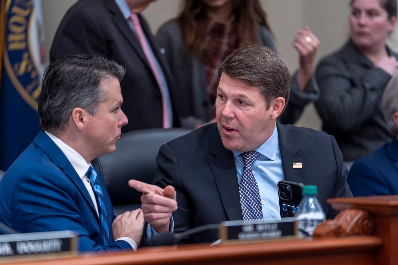 FILE - House Budget Committee Chairman Jodey Arrington, R-Texas, right, speaks with ranking member Rep. Brendan Boyle, D-Pa., as Republicans work on a budget plan to advance many of President Donald Trump's top domestic priorities, including $4.5 trillion in tax cuts, on Capitol Hill in Washington, Feb. 13, 2025. (AP Photo/J. Scott Applewhite, File)