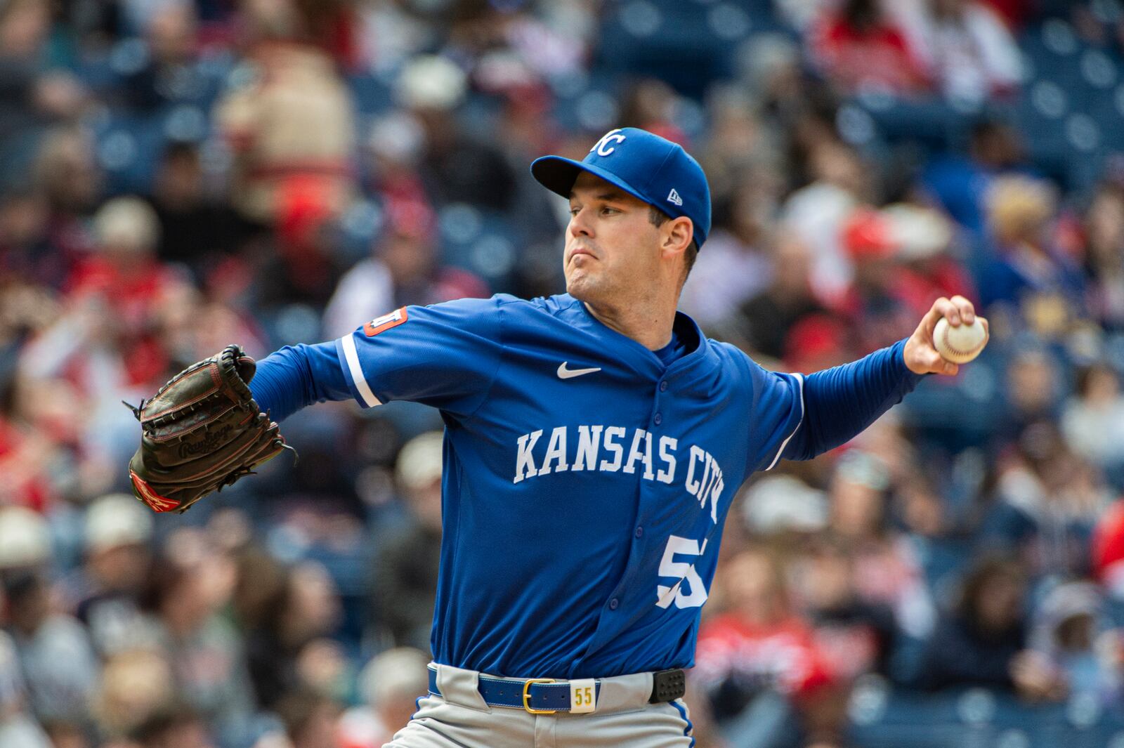 Kansas City Royals starting pitcher Cole Ragans delivers against the Cleveland Guardians during the fifth inning of a baseball game in Cleveland, Sunday, April 13, 2025. (AP Photo/Phil Long)