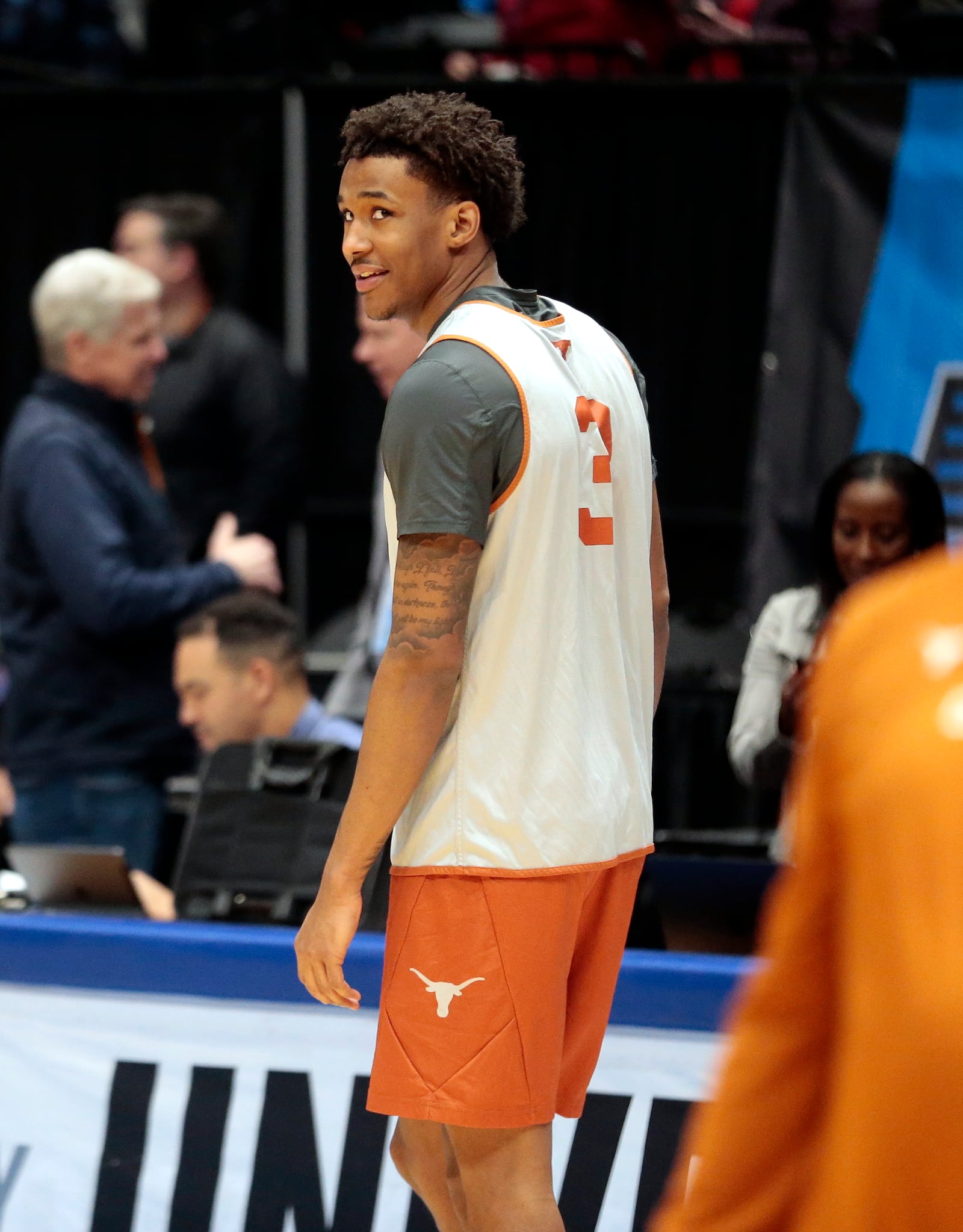 Texas junior Dailyn Swain watches teammates participate during the open practice session in preparation for the First Four on March 16, 2026, at UD Arena. STEVEN WRIGHT / STAFF