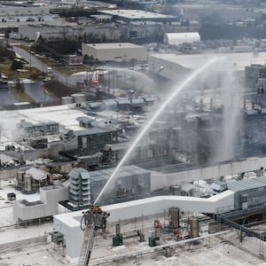 A large industrial fire at Koch Foods Plant B on Commerce Center Drive in Fairfield led to a roof collapse. NICK GRAHAM/STAFF