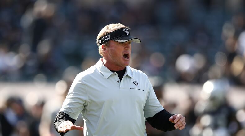 OAKLAND, CALIFORNIA - NOVEMBER 03: Head coach Jon Gruden of the Oakland Raiders stands on the field before their game against the Detroit Lions at RingCentral Coliseum on November 03, 2019 in Oakland, California. (Photo by Ezra Shaw/Getty Images)