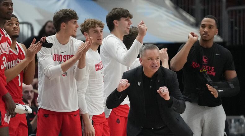Ohio State's head coach Chris Holtmann reacts during the second half of an NCAA college basketball game against Iowa at the Big Ten men's tournament, Thursday, March 9, 2023, in Chicago. (AP Photo/Erin Hooley)