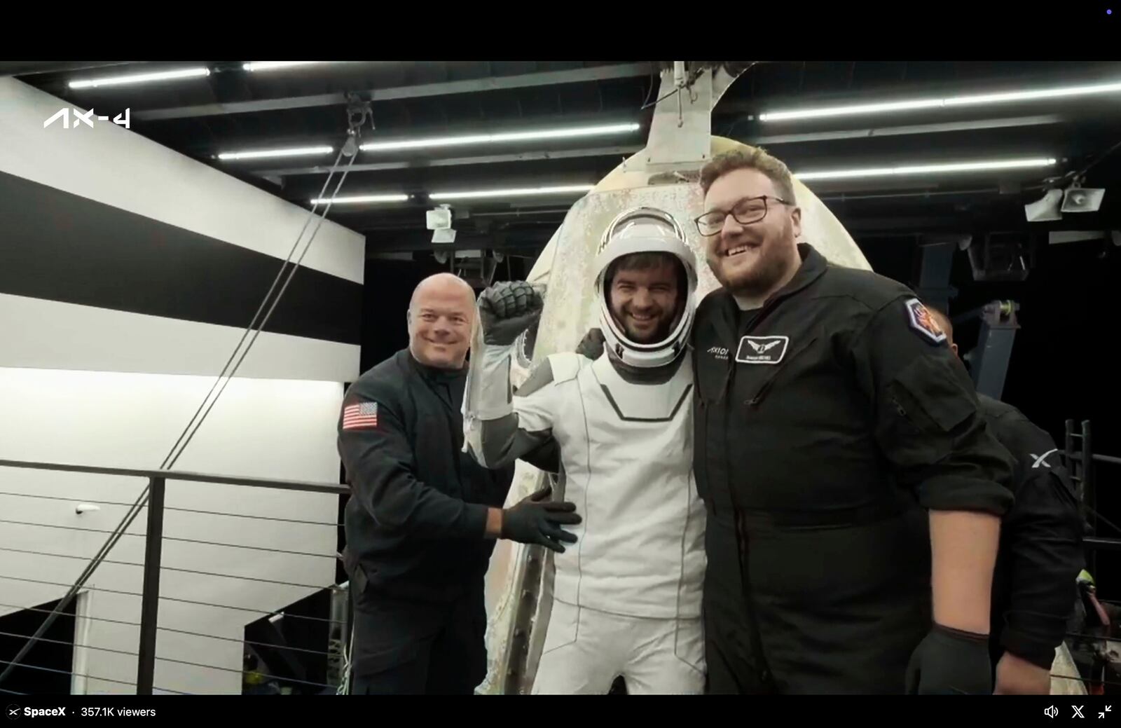 In this image made from video provided by SpaceX, one of the four astronauts, Hungary's Tibor Kapu, comes out of a SpaceX capsule loaded at the recovery ship after parachuting into the Pacific Ocean off the coast of Southern California on Tuesday, July 15, 2025. (SpaceX via AP)