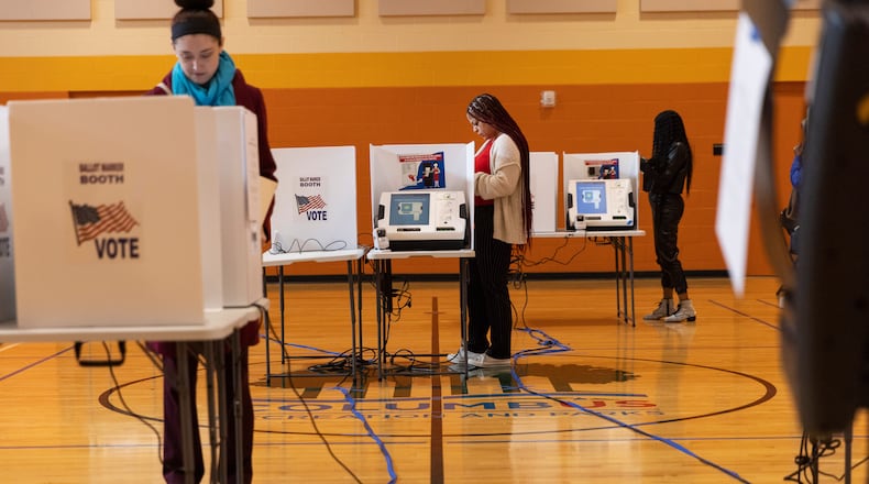 Voters cast their ballots on primary election day at the Driving Park Recreation Center in Columbus, Ohio, March 19, 2024. Ohio will likely go for Donald Trump this November. Brown, the last Democrat still holding statewide office there, will need to defy the gravity of the presidential contest to win a fourth term. (Maddie McGarvey/The New York Times)
