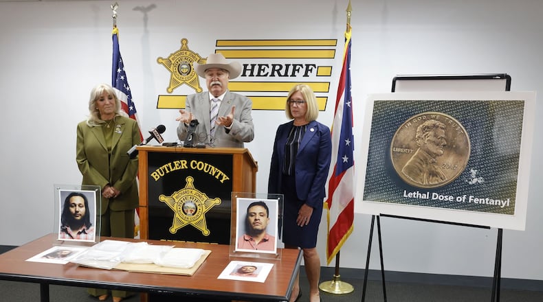 Butler County Sheriff Richard K. Jones talks about the three kilos of fentanyl that were seized Oct. 14 during a routine traffic stop on Ohio 4. He was joined at the press conference by State. Rep. Sara Carruthers and State Rep. Cindy Abrams. NICK GRAHAM/STAFF