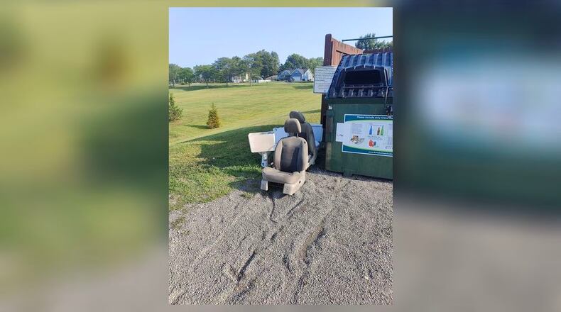 West Chester Twp. is getting rid of their recycling bins because people are using them as dumping grounds for all manner of trash. Pictured here are actual car seats and toilets dumped at Keehner Park. CONTRIBUTED