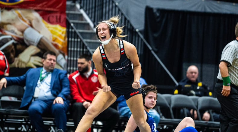 Lakota West wrestler Kelsey King celebrates during the Ohio HIgh School Athletic Association Division I state tournament. Photo by Chans Productions