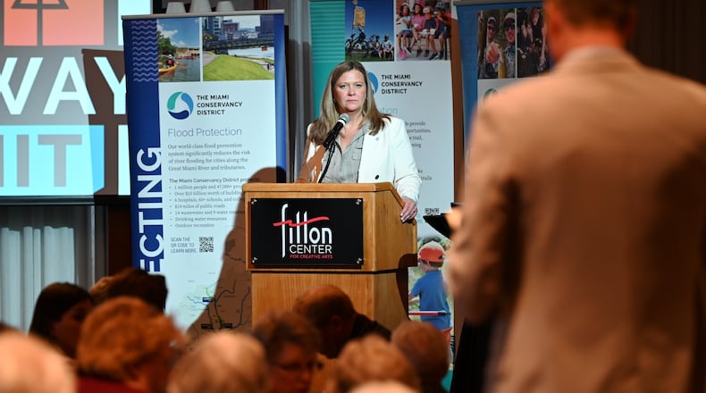 Mary Lynn Lodor, the general manager of the Miami Conservancy District, listens to a question by David Stark after a presentation on the past, present and future of the Great Miami River and the Miami Conservancy District on March 5, 2025, at the Celebrating Self event at the Fitton Center in Hamilton. MICHAEL D. PITMAN/STAFF