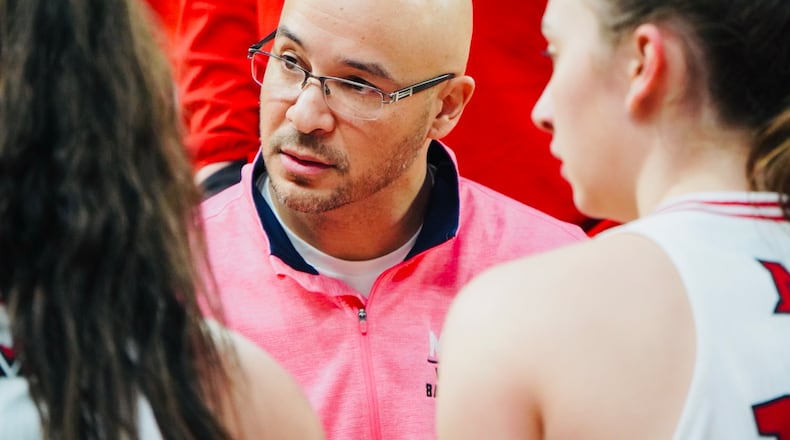 Miami University women's basketball coach Glenn Box talks to his team during Sunday's WNIT game vs. Duquesne. Chris Vogt/CONTRIBUTED