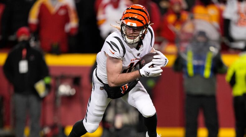 Cincinnati Bengals wide receiver Trenton Irwin (16) runs against the Kansas City Chiefs during the second half of the NFL AFC Championship playoff football game, Sunday, Jan. 29, 2023, in Kansas City, Mo. (AP Photo/Charlie Riedel)