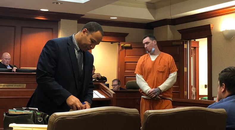 Nicholas Lorenz, 40, of Warvel Road in Ross Twp., is charged with murder with a gun specification, felonious assault with a gun specification, having weapons under disability and tampering with evidence for the shooting death of 47-year-old Jason Simpson on the morning of May 20 on Madison Avenue in Hamilton. Lorenz was in Butler County Common Pleas Court Tuesday morning when Judge Keith Spaeth rescheduled his trial for Feb. 28, 2022. RICK McCRABB/STAFF