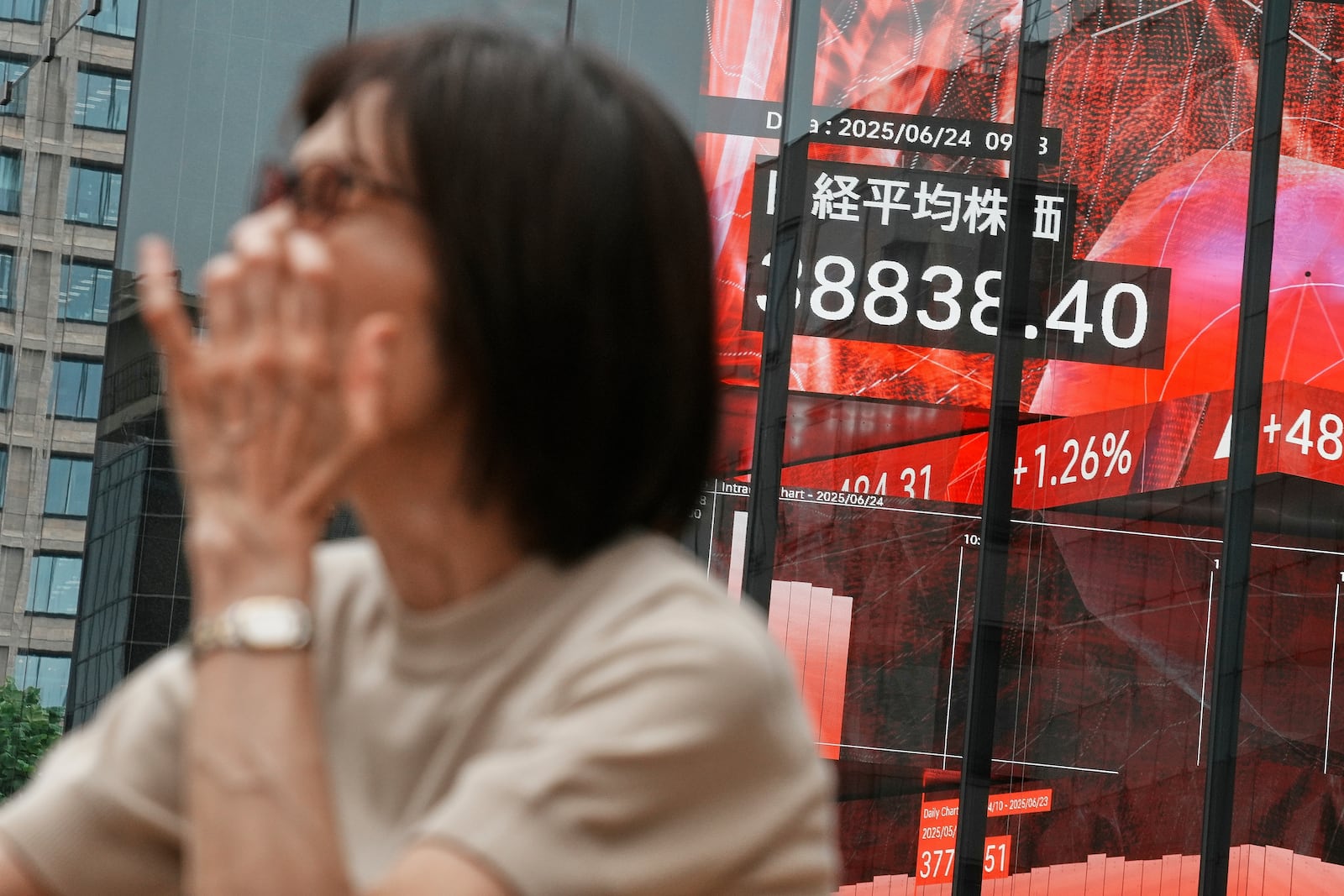 A person stands in front of an electronic stock board showing Japan's Nikkei index at a securities firm Tuesday, June 24, 2025, in Tokyo. (AP Photo/Eugene Hoshiko)