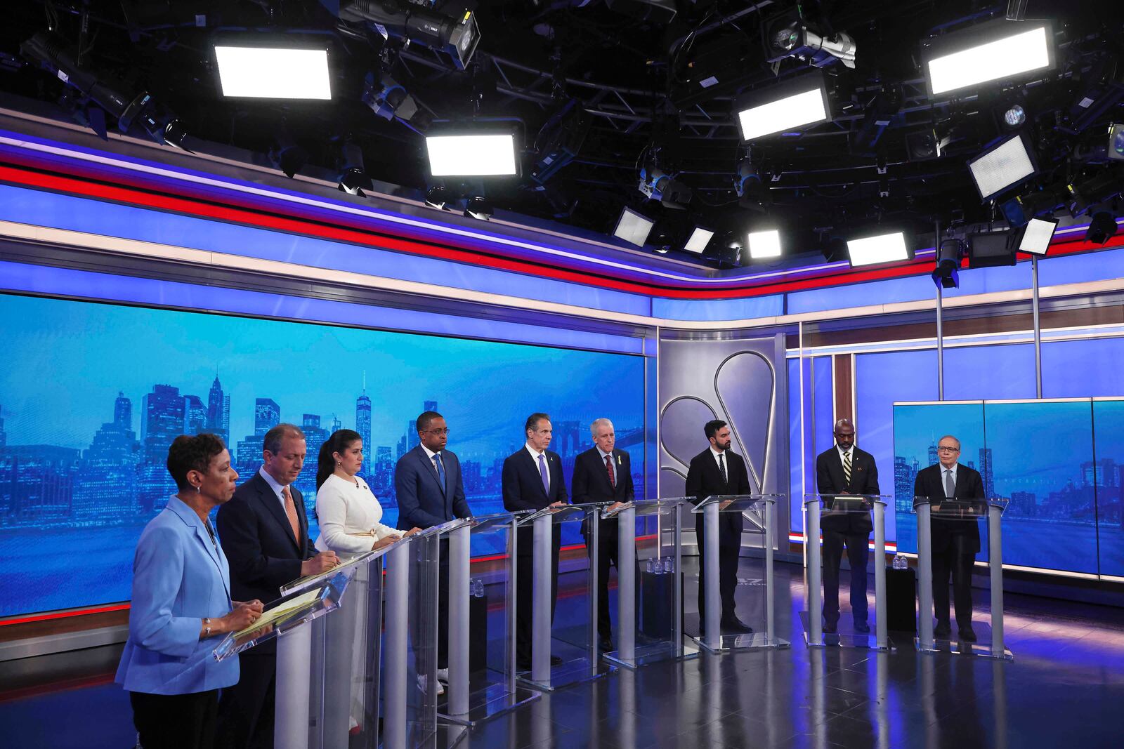 From left, Democratic mayoral candidates Adrienne Adams, Brad Lander, Jessica Ramos, Zellnor Myrie, Andrew Cuomo, Whitney Tilson, Zohran Mamdani, Michael Blake and Scott Stringer participate in a Democratic mayoral primary debate, Wednesday, June 4, 2025, in New York. (AP Photo/Yuki Iwamura, Pool)