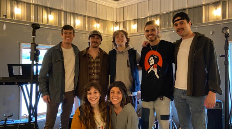 Thumbtack Mechanics 2023 lineup from left to right (top row): John Cronin - lead guitar, Ethan Kraus - vocals, Brock Shults - drums, Zach Hillman - bass guitar, Miles Lynn - rhythm guitar, (bottom row) Sara Noall - keyboard, Jane Feck - vocals. CONTRIBUTED/TAJ SIMMONS