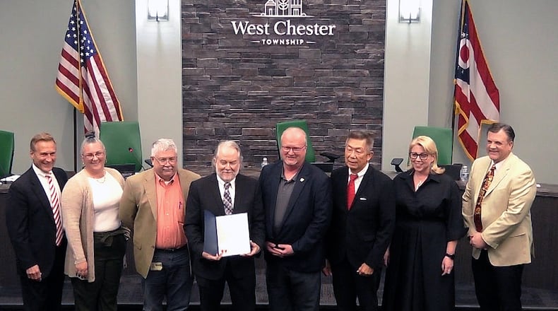 West Chester Twp. was presented the Auditor of State’s Award with Distinction by Joe Braden, from the auditor’s office. Contributed photo.