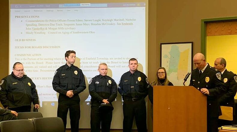 Several Fairfield Twp. police officers were recognized by the police department and trustees for recent actions and efforts. Pictured are some of the officers recognized at the Jan. 23, 2020, Fairfield Twp. Trustees meeting. PROVIDED.