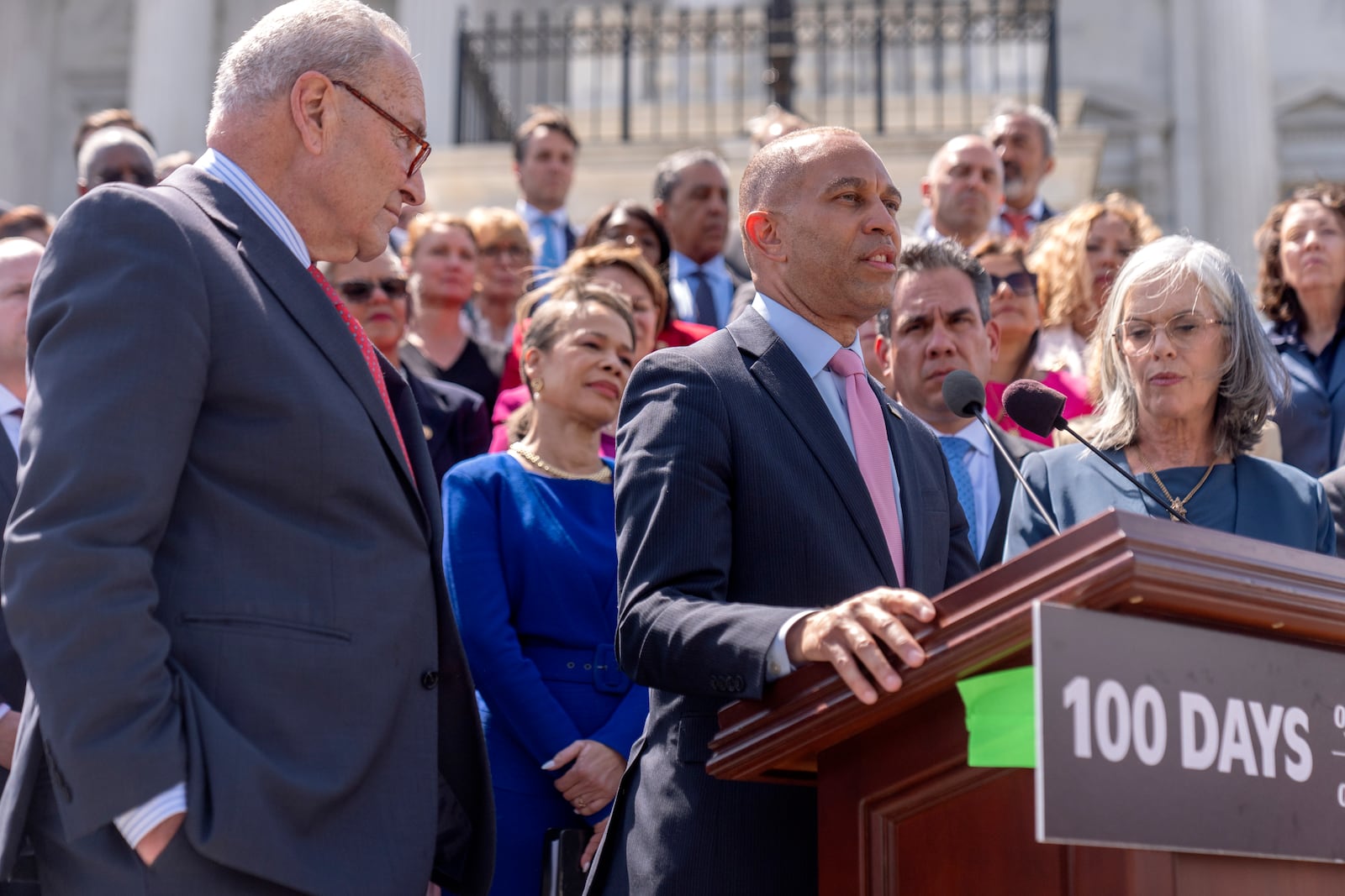 House Minority Leader Hakeem Jeffries, of N.Y., speaks during an event with House and Senate Democrats to mark 100 days of President Donald Trump's term on the steps of the Senate on Capitol Hill, Wednesday, April 30, 2025, in Washington. (AP Photo/Mark Schiefelbein)