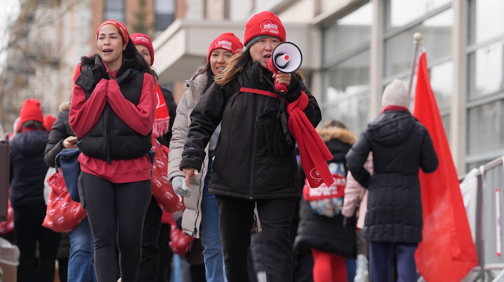 Nurses and their supporters strike in front of NewYork-Presbyterian hospital in New York, Thursday, Feb. 19, 2026. (AP Photo/Seth Wenig)