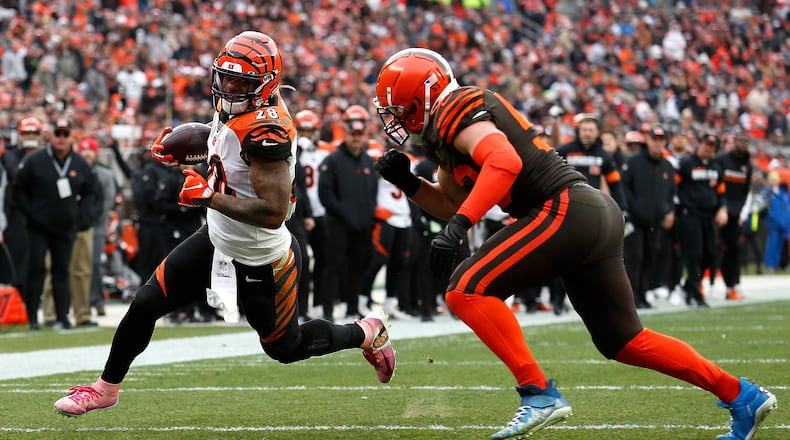 CLEVELAND, OH - DECEMBER 8: Joe Schobert #53 of the Cleveland Browns forces Joe Mixon #28 of the Cincinnati Bengals out of bounds short of the end zone during the third quarter at FirstEnergy Stadium on December 8, 2019 in Cleveland, Ohio. Cleveland defeated Cincinnati 27-19. (Photo by Kirk Irwin/Getty Images)