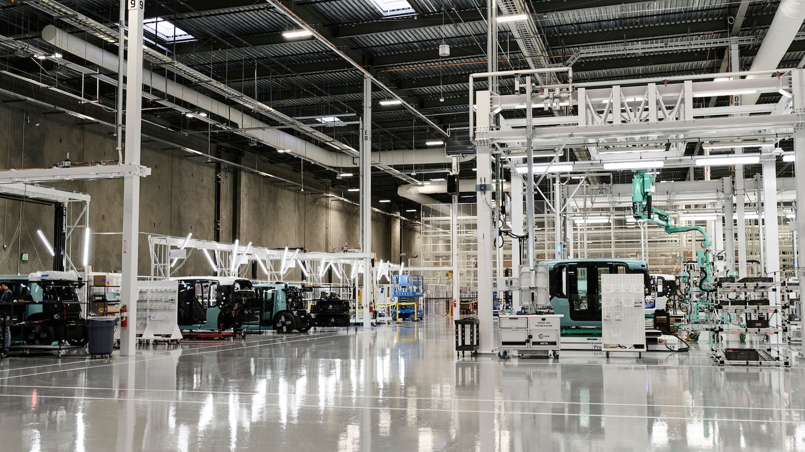 In this undated handout photo provided by Zoox, Zoox robotaxis are assembled at a 220,000-square-foot factory located in Hayward, California. (Zoox via AP)