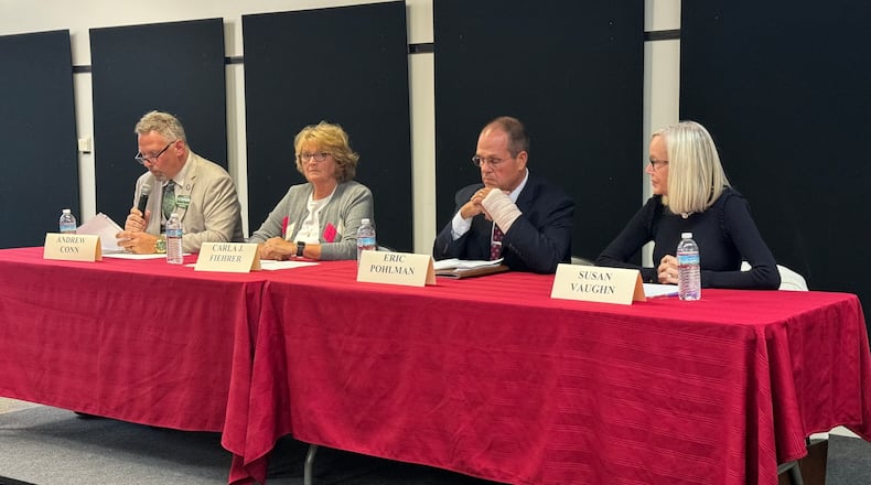 Hamilton City Council members seeking election to the board in November participated in a forum on Monday, Oct. 9, 2023. Pictured, from left are candidate Andrew Conn and incumbent council members Carla Fiehrer, Eric Pohlman, and Susan Vaughn. MICHAEL D. PITMAN/STAFF