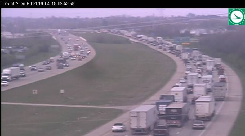 An Ohio Department of Transportation traffic camera shows traffic backing up in the southbound lanes of Interstate 75 Thursday morning, April 18, 2019. ODOT/CONTRIBUTED