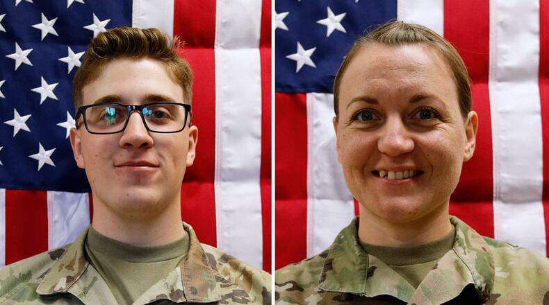 This combination of images provided by the U.S. Army taken on May 16, 2025 shows, from top left, Sgt. Declan Coady, 20, of Des Moines, Iowa, Sgt. 1st Class Nicole Amor, 39, of White Bear Lake, Minn., Capt. Cody Khork, 35, of Lakeland, Fla., and Sgt. 1st Class Noah Tietjens, 42, of Bellevue, Neb. (Sgt. Brent Newton/U.S. Army via AP)